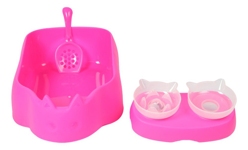 Caja Arenera Gato Plástico + Comedero Bebedero Antireflujo Color Rosa