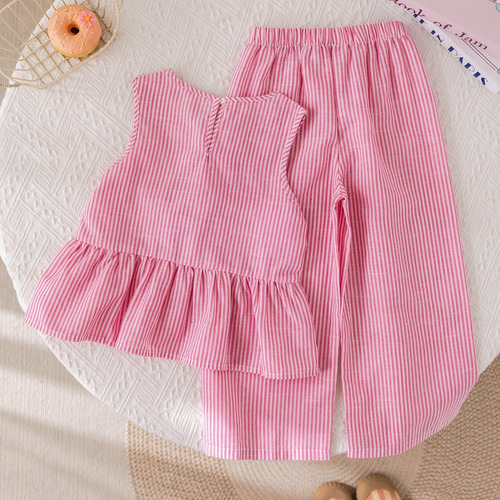 Conjunto Para Niñas Top De Moños Pantalón Pie Ancho Rayas Rosa - Blanco 7 Años