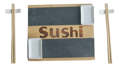 Set Sushi Porcelana Bandeja Piedra Bamboo 2 Personas 7 Pcs