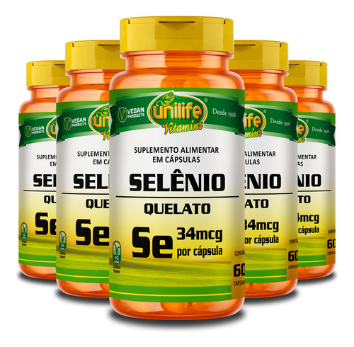 Kit 5 Selênio Quelato 60 Cápsulas Unilife Sem sabor