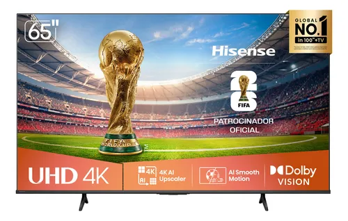 Smart TV Hisense 65 polegadas 4K UHD exibindo a taça da Copa do Mundo