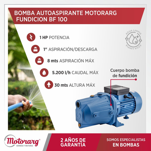 Imagen 2 de 6 de Bomba Autocebante Motorarg Bf 100 1 Hp. 5200 Lts/h