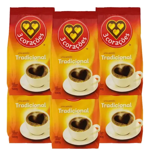 Kit 6 Café Torrado Tradicional 3 Corações Pacote 500g
