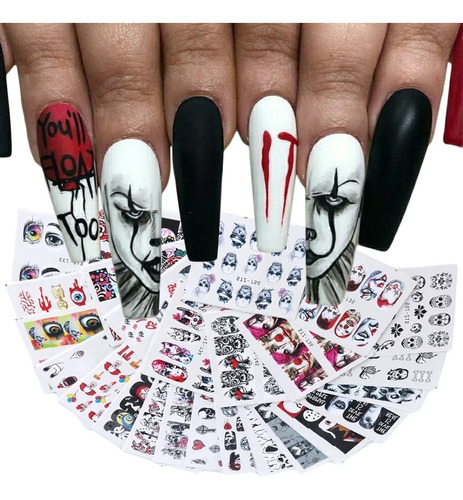 Stikers Uñas 24 Plantillas De Terror Calaveras Payaso Eso 