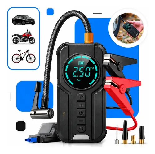 Auxiliar de Partida Carregador Bateria Com Compressor De Ar Portátil Veicular Emergência 6 em 1 Inteligente Digital 12V 