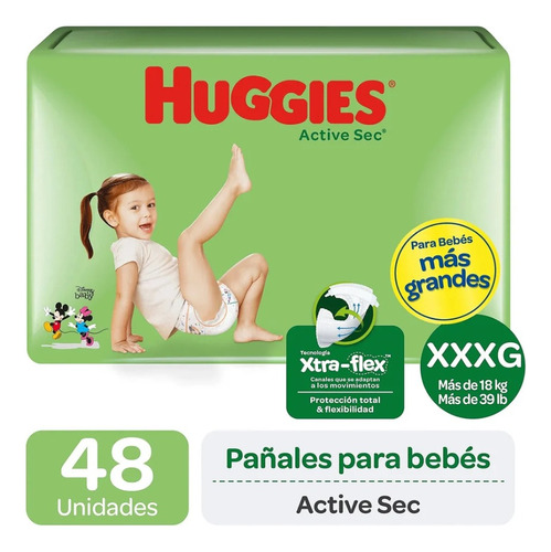 Pañal Huggies Active Sec Talla Xxxg 12 Un X 4 Pqts