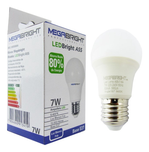 Ampolleta Led 7watt Base E-27 Megabright Luz Blanca Fria