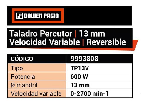 Imagen 2 de 2 de Taladro Percutor 13mm Vel Variable 600 W Dowen Pagio 9993808