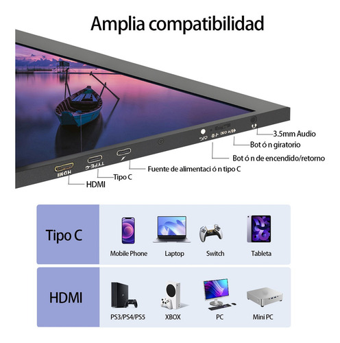 Monitor Portatil 15.6'' Ips 1920x1080p Fhd Para Xbox Ps4 Ps5 Switch Laptop Phone Con Type C 3.0 Hdmi Cable con Funda Protectora TYPE C 3.0 HDMI