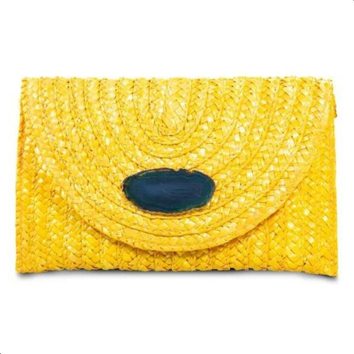 Bolsa De Mão Carteira Clutch Envelope De Palha Amarela Luxo