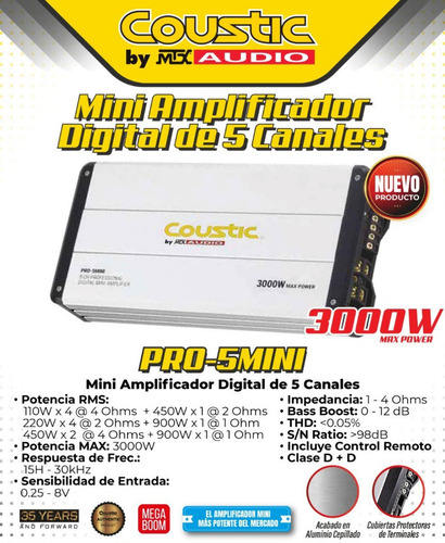 Pro-5mini 5 Canales Amp Digital 110x4+500 Rms Control Remoto
