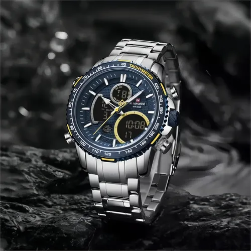 Reloj Naviforce Sport para hombre: pulsera de acero, color de la correa: plata, color de fondo: azul