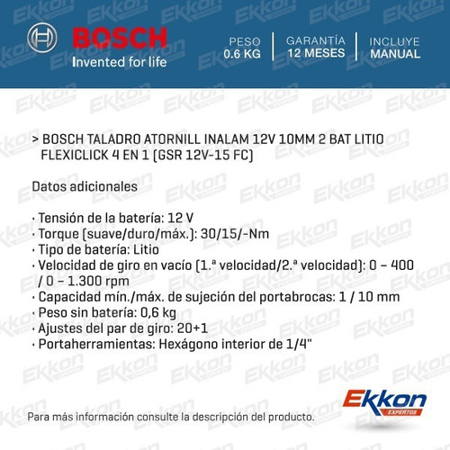 Imagen 2 de 9 de Taladro Atornillador Bosch 4 En 1 Flexiclick Gsr 12v-15 Fc