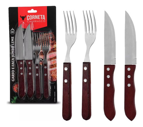 Garfo Faca Jumbo Churrasco De Inox Com Cabo De Madeira 4 Pçs