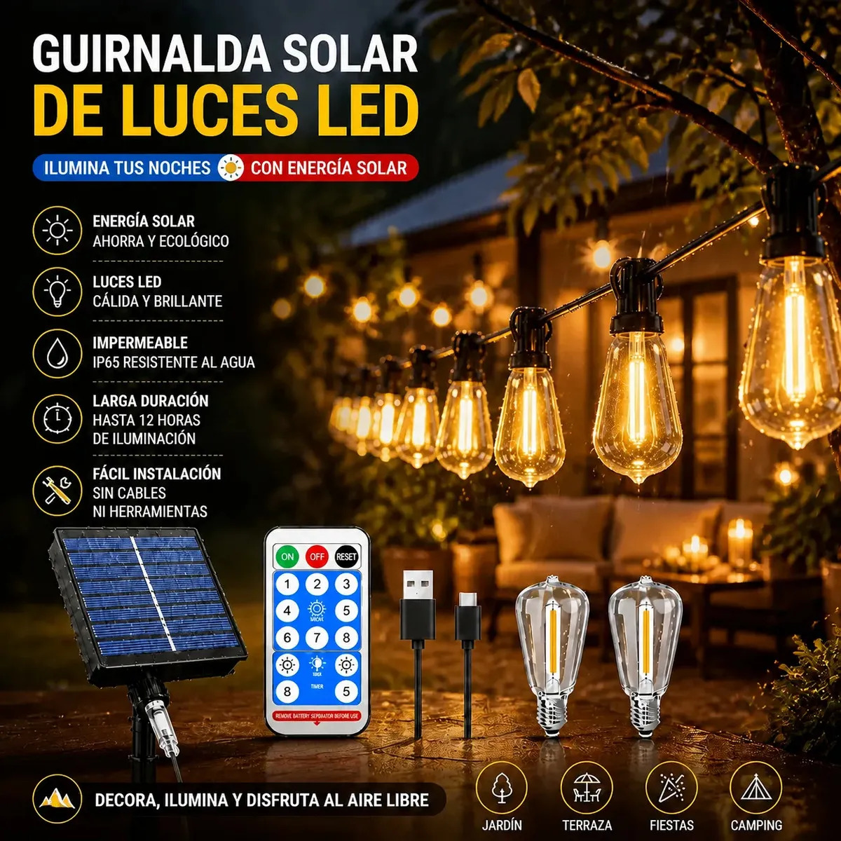 30m Guirnalda De Luces Exterior Solar 30+2 Led Focos Vintage SHILIUKUKE, Con 8 Modos, Dos Modos De Carga Para Exterior/interior