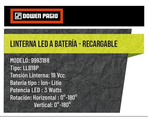 Imagen 3 de 8 de Linterna Led18 V Dowen Pagio 9993188 Sin La Bateria