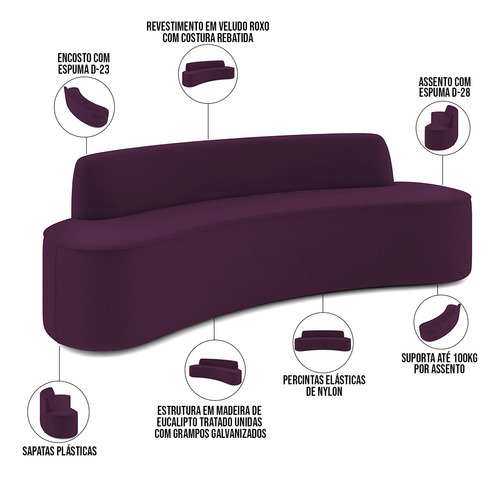 Sofá 3 Lugares Curvo Sala Cancún Veludo Roxo C-292 210cm