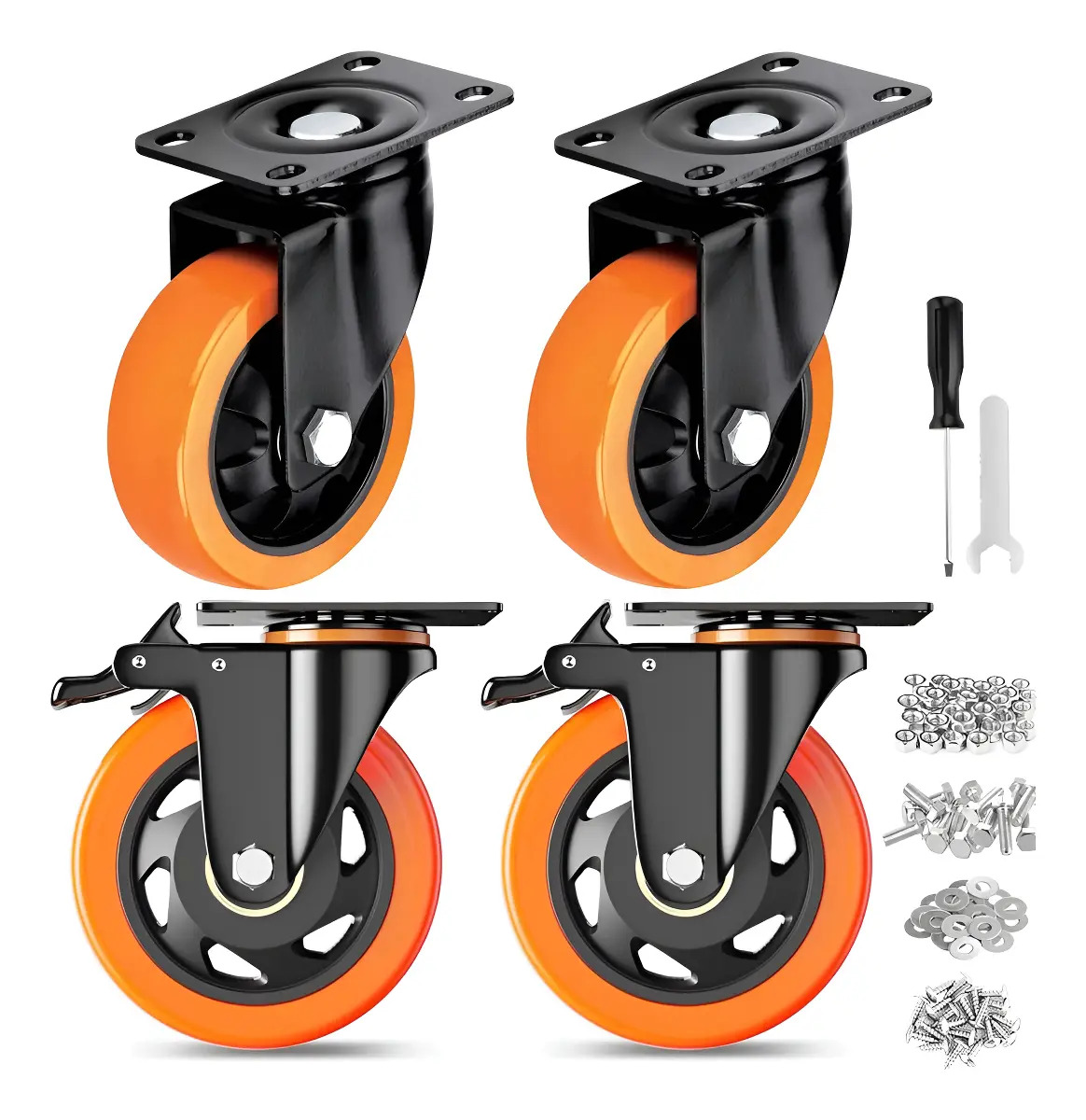 4 Ruedas De Poliuretano Giratorias C Rueda para carritos y muebles Ruedas 4 Pulgadas+ Freno color naranja de espesor pack x 4 unidades