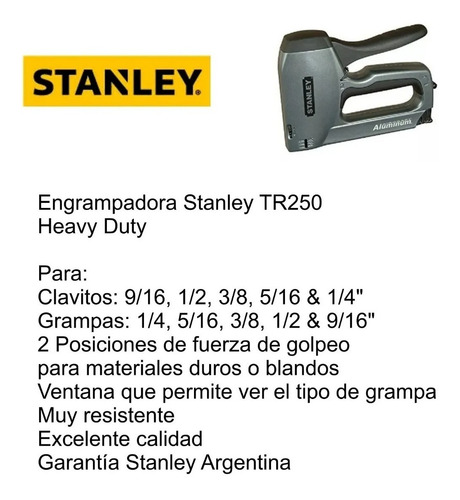 Imagen 3 de 9 de Engrampadora Grapadora Clavadora Manual Stanley Tr250