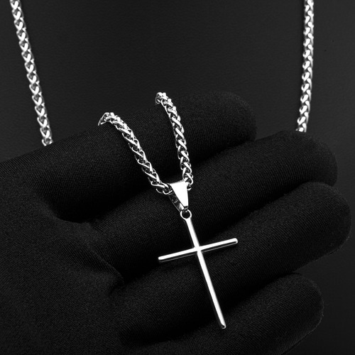 Corrente Cruz Palito Bracelete Masculino J-1590 Aço Prata Cor Prateado