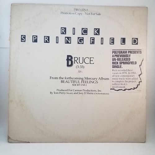Rick Springfield - Bruce - Vinilo -  Single Inedito - Mb+