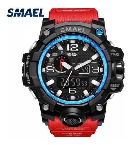Correa de reloj Smael 1545 Military Shock Original/Dual Time, color rojo, bisel, color negro, color de fondo negro