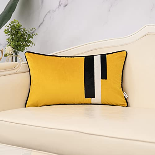 Yellow Decorative Velvet Lumbar Throw Pillow Cover Stri...