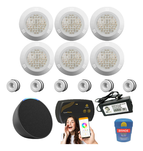 Kit Iluminação Piscina 50mm 120m² 6 Led 9w, Smart Lux, Alexa