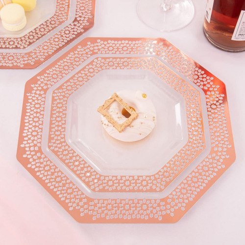 Dayammi 30guest Rose Gold Plastic Plates With Rose Gold Silv