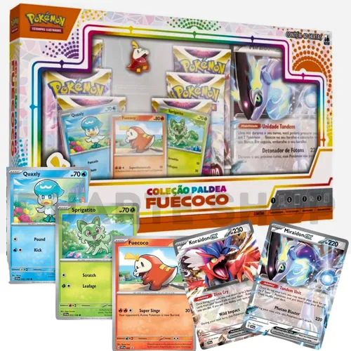 3 Box Pokémon Coleção Paldea Fuecoco, Sprigatito e Quaxly com Broche e Carta  Gigante Koraidon e Miraidon EX Copag