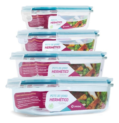 Combo Potes De Vidro Retangular 370ml + 640ml +1040ml+1520ml