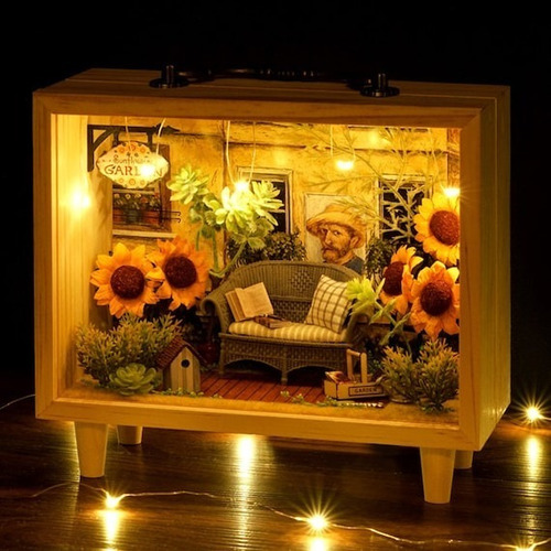 Casita Madera Armar Bricolage Luz Led -jardín De Girasoles Color Marrón