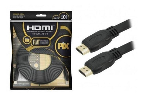 Cabo Hdmi Flat 10m Pix 19 Pinos 4k 10 Metros Hdr Gold 24k 3d