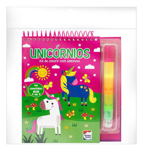 Livrinho 4 Em 1: Unicórnios: Kit De Colorir Com Adesivos, De Koral Books., Vol. 1. Editorial Happy Books, Capa Mole, Edição 1 Em Português, 2024
