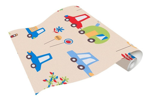 Imagen 4 de 4 de Papel Tapiz Infantil Fondo Beige Carritos Rojos Y Azules