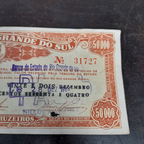 Cédula 50.000 Rio Grande Do Sul 1959 Paga Antiga Particular