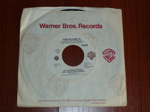 Hank Williams Jr -- All My Rowdy... Single 45 Rpm Vinil, Ccs