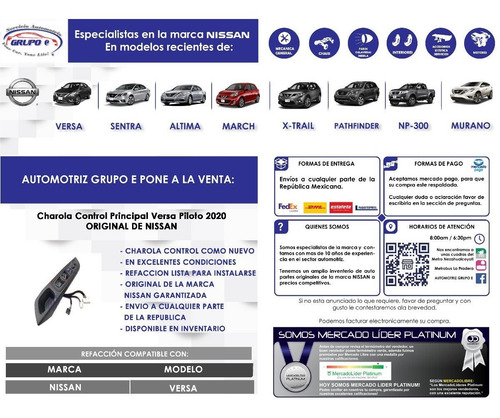 Charola Control Principal Versa Piloto 2020 Original Nissan (Usado)