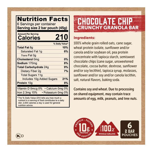 Kodiak Crunchy Granola Bars-chocolate Chip C/proteina