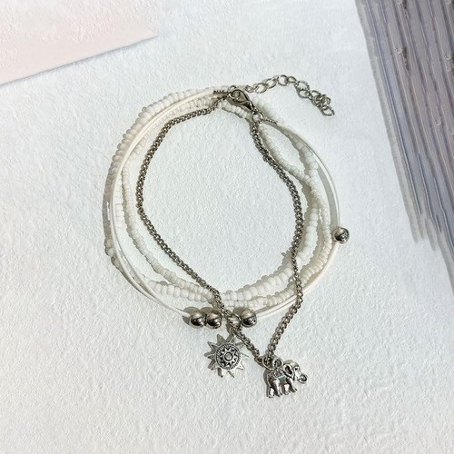 Tobilleras Bohemias Con Diseño De Elefante Y Sol, Cuentas Bl