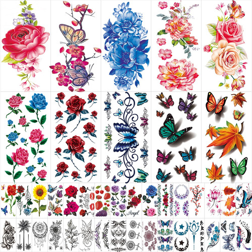 42 Hojas De Tatuajes Temporales De Flores, Rosas, Mariposas 