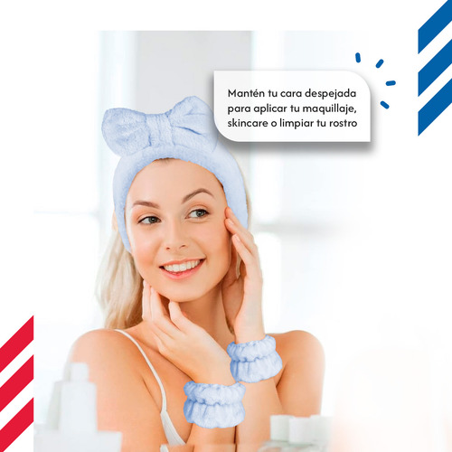 Diler Kit 5 Piezas Diadema Y Muñequeras Para Skincare Maquillaje Mascarilla Spa De Microfibra Con Moño Color Azul Cielo