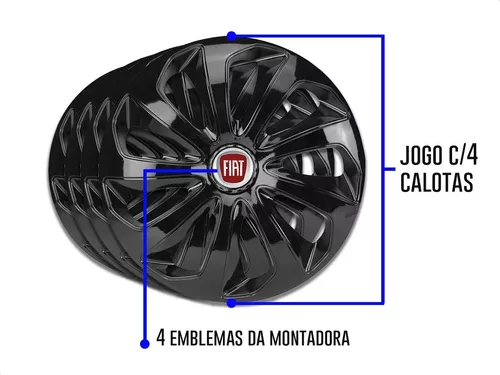 Jogo 4 Calota Esportiva Preto/Vermelho Aro 15 Fiat Novo Uno Vivace