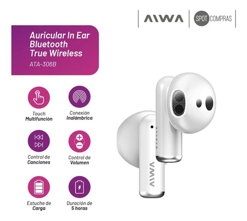 Auriculares In-ear Inalámbricos Bluetooth Aiwa 306b Blanco Blanco