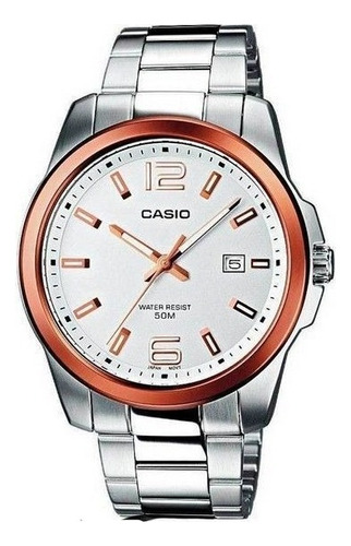 Reloj Casio Mtp-1296d-7a Sumergible 50m Correa Acero Inox. Color de la malla Plateado Color del bisel Cobre Color del fondo Blanco