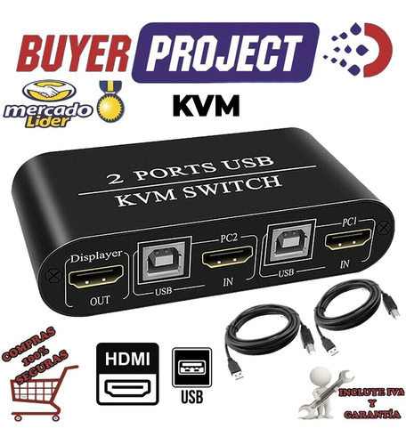 Imagen 1 de 4 de Switch Kvm Rybozen Hdmi 4k 2 Puertos Usb + 2 Set De Cables