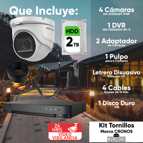 Hikvision Kit De 4 Cámaras De Seguridad Metálicas Eyeball Turbohd 4k 8mp Exterior Ip67 + + Dvr 8mp 4 Canales Turbohd + 4 Canales Ip + 2tb Hdd Modelo Ids2ce76u0t-plus+2tb