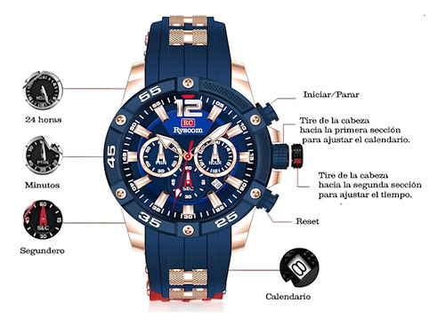 Reloj Para Hombre Marca Ryscom Sub Esferas Minutos Segundos Correa De Silicona Caja De Acero Inoxidble Mancillas Luminosas Verde Por La Noche Deportivo 3atm Calendario Azul Con Dorado