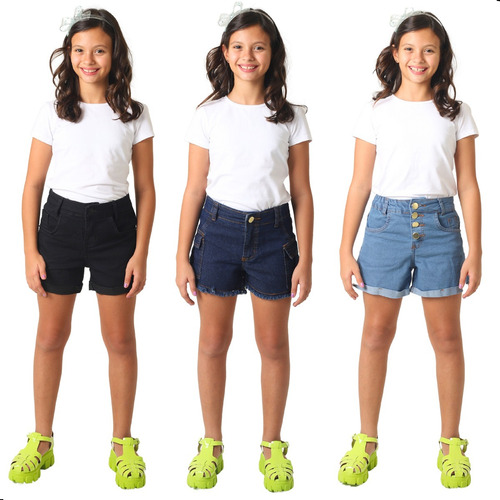 Kit 3 Short Bermuda Jeans Lycra Feminino Infantil Juvenil   