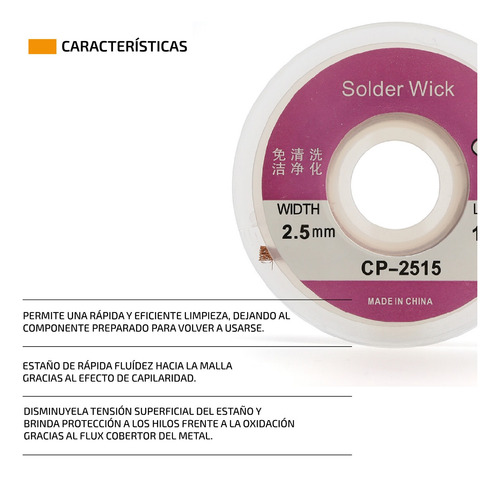 Imagen 3 de 7 de Malla Desoldante Yihua Cinta Cobre 2.5mm Ancho X 1,5 Metros
